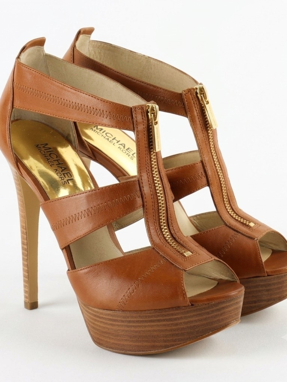 Michael Kors Cognac Leather Peep-Toe Platform Heels with Gold Zipper